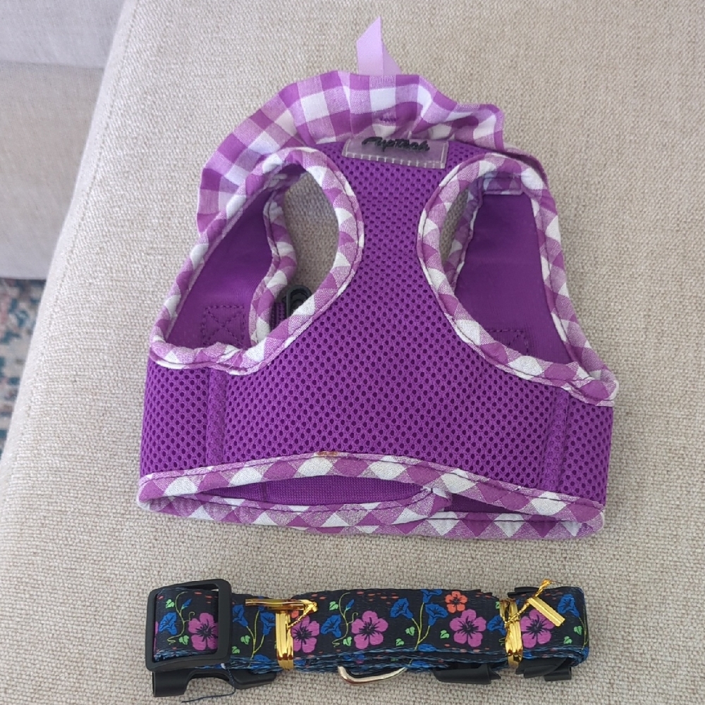 Purple Dog Harness and Floral Collar Set